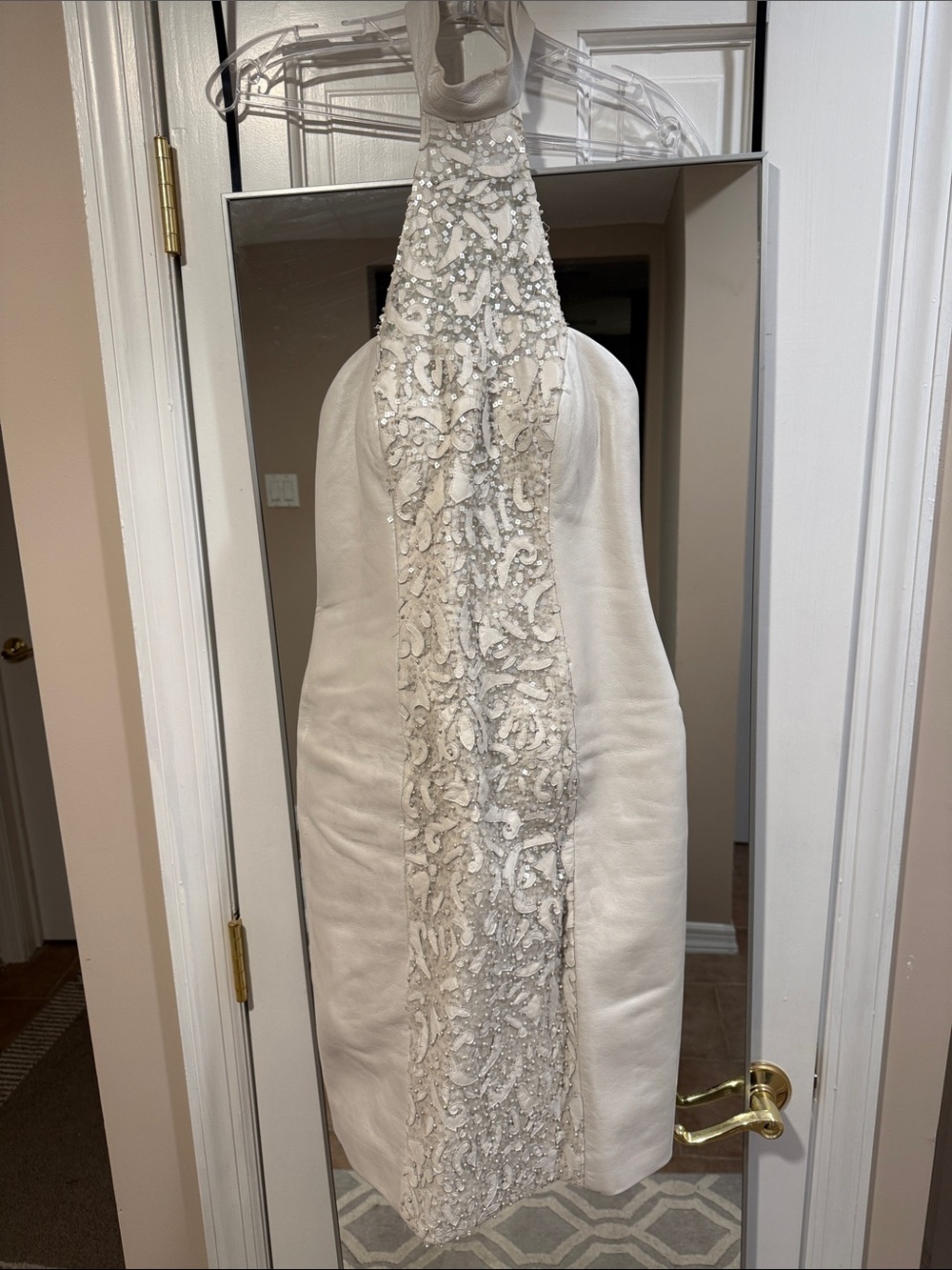 White Beaded Genuine LeatherHalter Sheath Dress